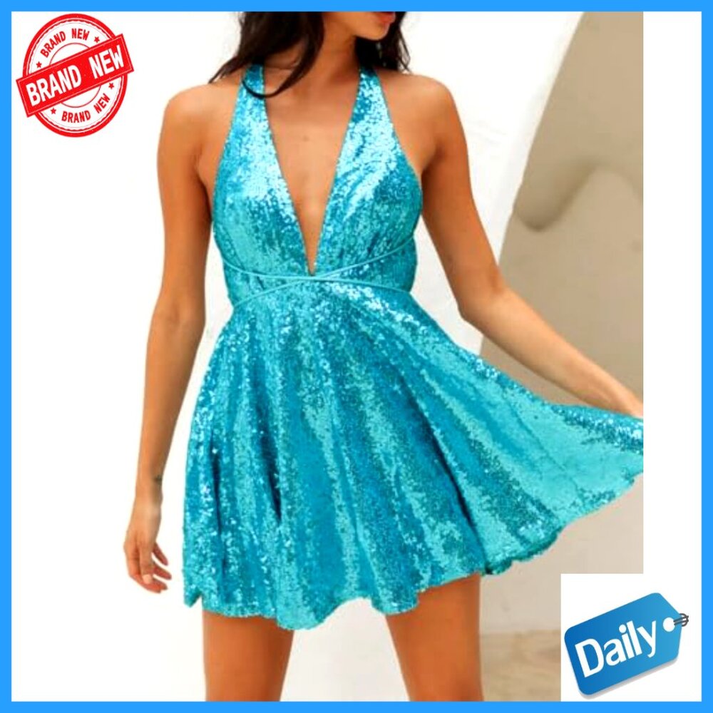 Sequin Spaghetti Strap Deep V Backless Skater Swi… - image 2